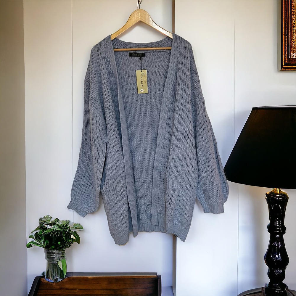VTSGN Women's Chunky Open Cardigan with side pockets Sky Blue SZ L